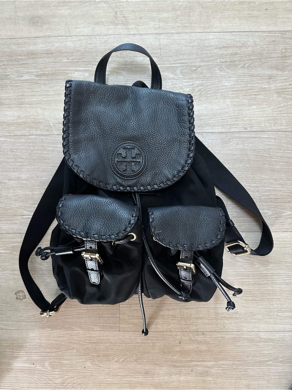 Tory Burch Black Leather-Trimmed Nylon Backpack
